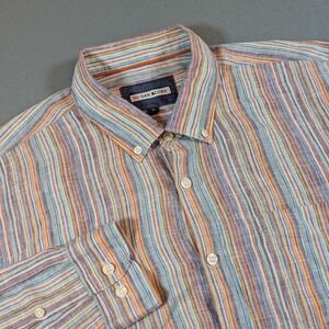 32 Bar Blues Mens Linen Button Down Long Sleeve Shirt Size XL Striped Beach